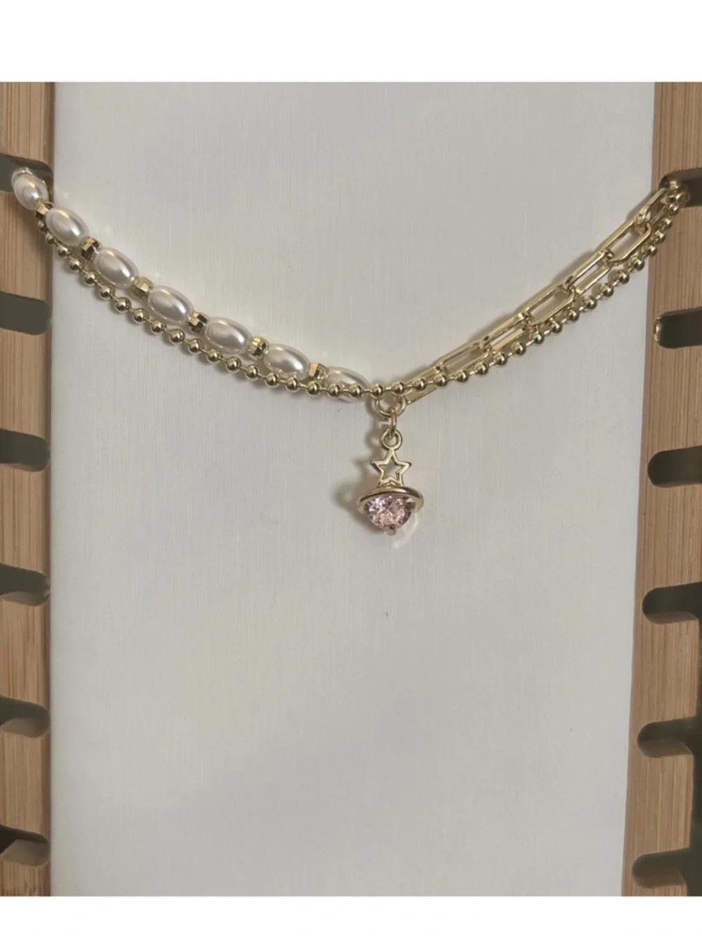 Gold Plated Layered Bracelet Faux Pearl Chain Pink CZ Celestial Charm Adjustable - Picture 9 of 11
